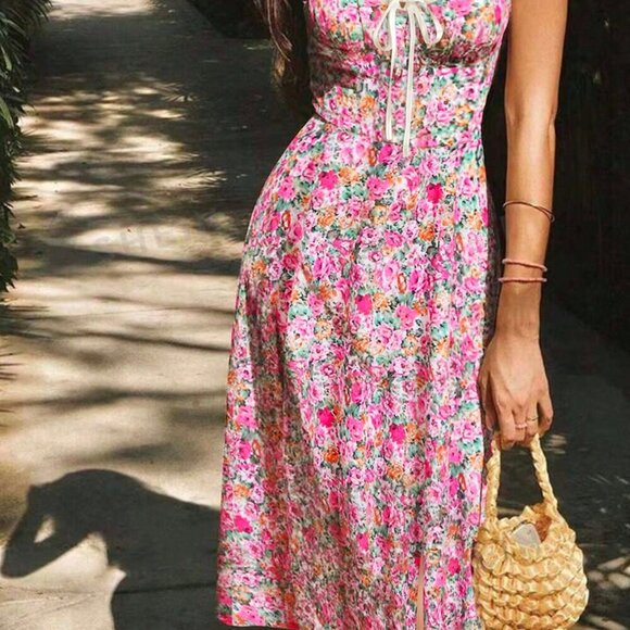 Pink Boho Women's Spaghetti Strap Ditsy Floral & Satin Patchwork Dress - Picture 2 of 7